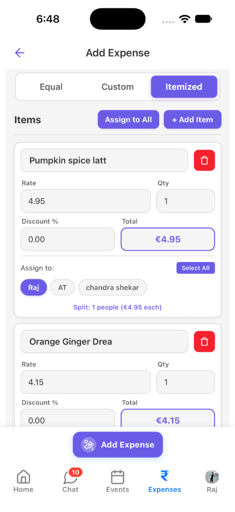🧾 Itemized Bill Split
